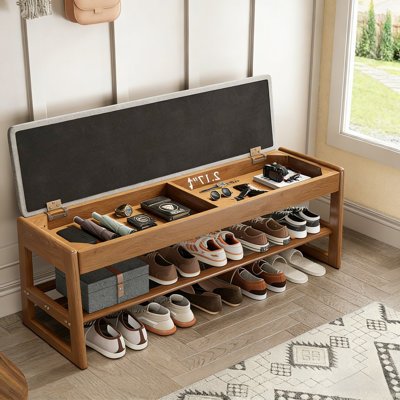 Banc à chaussures en bois à 2 niveaux avec coussin en coton et lin - Rangement moderne simple, capacité de 550 lb