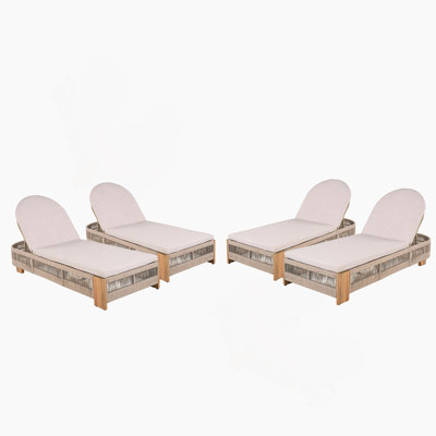 Ensemble de 4 chaises longues d'extérieur réglables en bois d'acacia pour l'extérieur - non rembourrées pour la cour arrière - corde beige et fer naturel