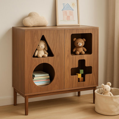 37'' Showcase Display Cabinet with Geometric Cut-Out Doors - Modern Curio Cabinet for Dining Room, Living Room, Entryway. Trophy Case and Collectible Display Case Wood with Door & Storage (Walnut)