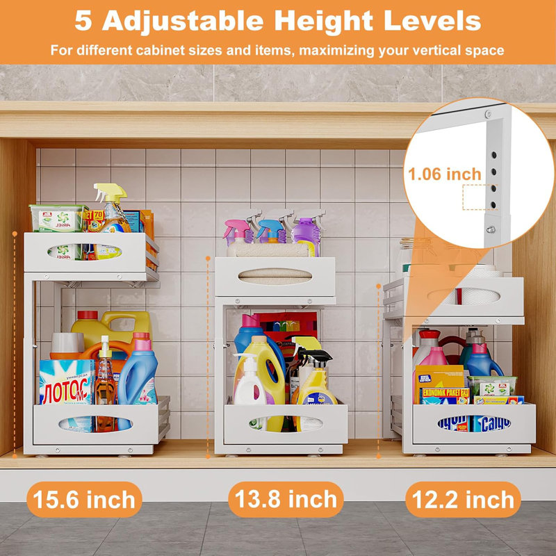 Under Sink Organizer Pull Out Cabinet Storage Shelf, Adjustable Height Steel Shelf For Kitchen Bathroom Cabinet, Double Sliding Design, Rust-Resistant Grid Surface