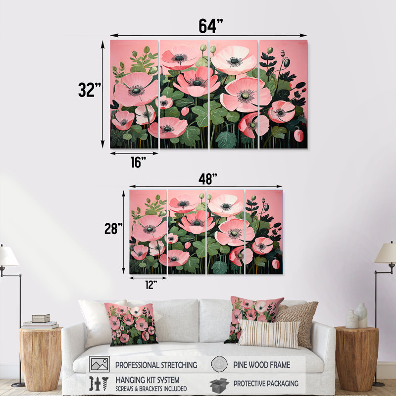 Minimalisme, coquelicots roses et verts - coquelicots, 4 pièces, H 28 po x l 48 po