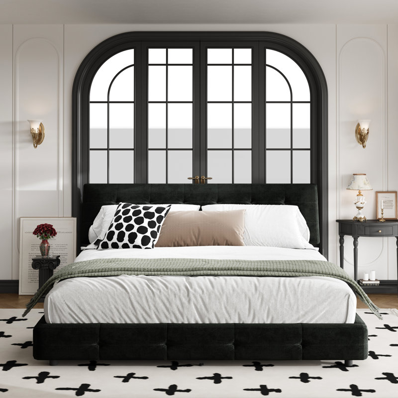 Cadre de lit King Size en chenille noire avec tête de lit et oreiller moelleux, sommier à lattes en pin massif pour un sommeil stable et confortable