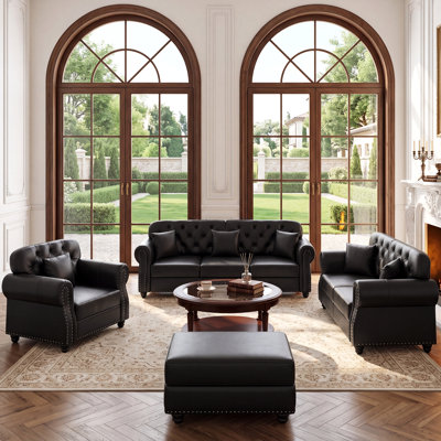 4-Piece Mid-Century Modern Chesterfield Living Room Set Upholstered Faux Leather Furniture Set