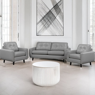 Tiena Leather Sofa & Two Chair Set, Grey