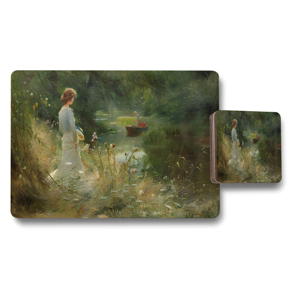Impressionist River Scene Placemats And Coaster Set With Woman By Water