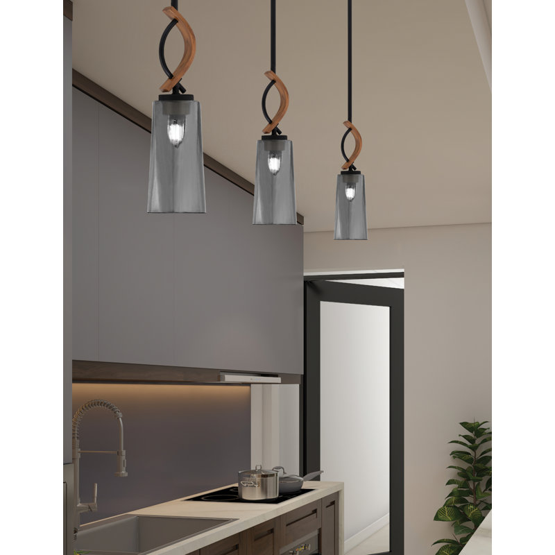 Suspension Monterey Stem Mini offerte en noir mat et métal peint imitation bois avec verre fumé à bulles de 12,7 cm (L) x 25,4 cm (H).