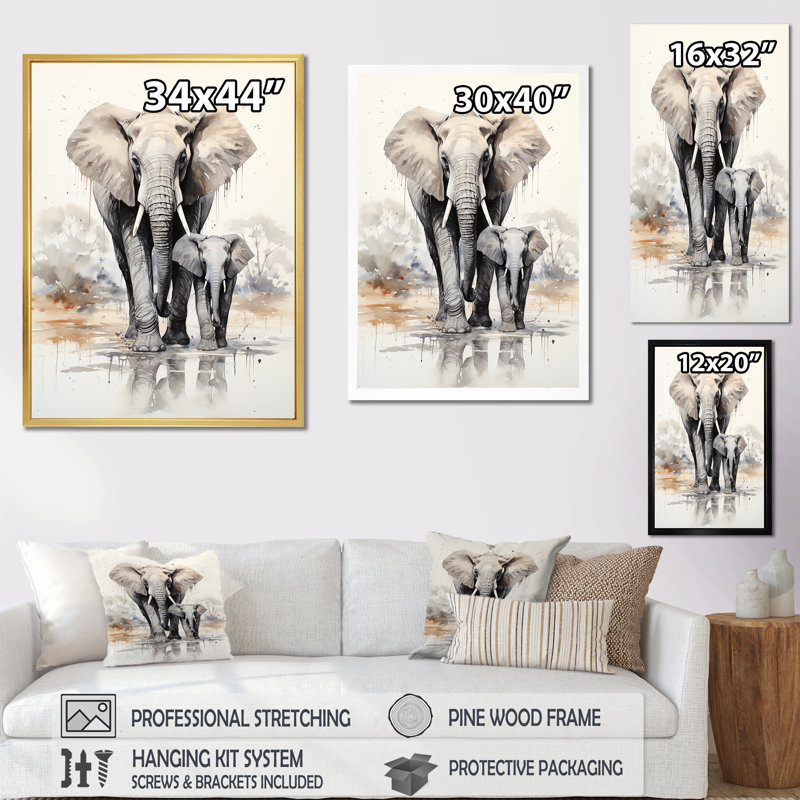 Éléphant élégant avec veau en mouvement sur toile, Cadre flottant blanc, 44" H x 34" W