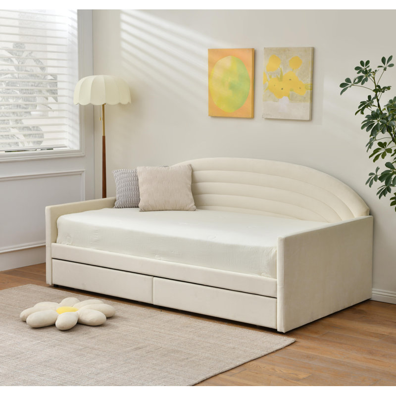 Lit de jour rembourré avec rangement à 2 tiroirs, structure de canapé-lit à usages multiples de taille simple, support à lattes en bois massif pour petite chambre à coucher