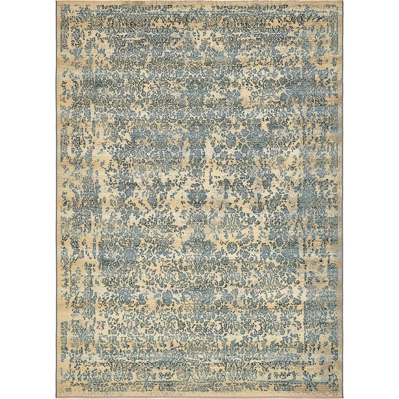 Tapis bleu tissé à la machine Veranda, Rectangle 8 p x 11 pi 4 po