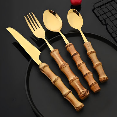 Set Of 4 Bamboo-handled Stainless Steel Cutlery For Western Cuisine, Including Steak Knives, Forks, Cake Dessert Spoons, Fruit Forks.