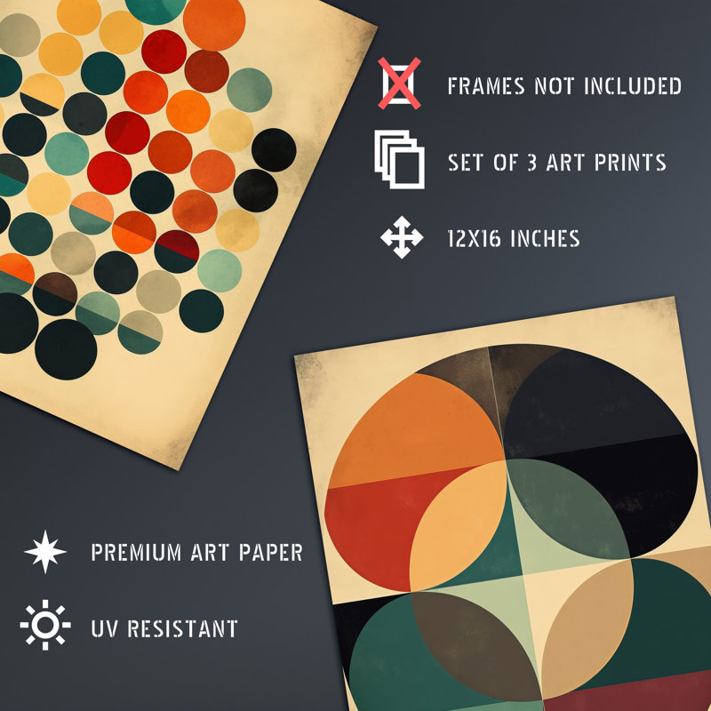 Bauhaus Mid Century Modern Abstract Geometric Circles - 3 Piece No Frame Print Set, 40.5cm H x 30.5cm W x 0.3cm D