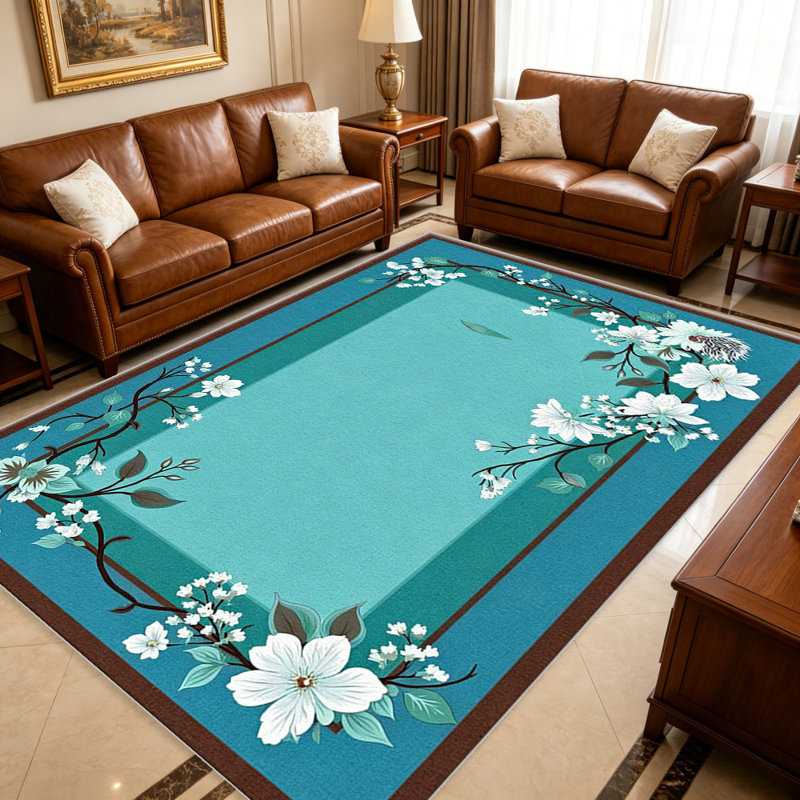 Teal Blue Blossom Frame carpet-easy to clean, machine-washable, soft and comfortable; suitable for door mats, kitchens, living rooms, bedrooms, corridors, and laundry areas. Easy to clean, durable carpet for home decoration.