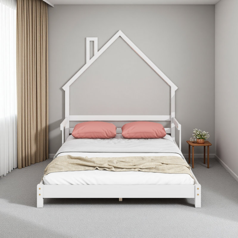 Lit de tête de lit en forme de maison avec mains courantes et lattes, Lit double, Blanc