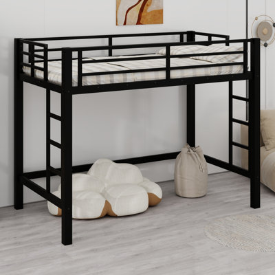 Metal Loft Bed With Ladder And Guardrails