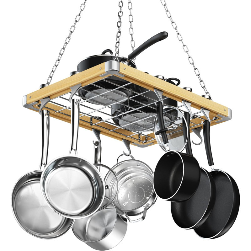 Support à casseroles en bois standard classique Cooks, organisateur de batterie de cuisine à suspendre 24 po x 18 po avec grille en métal et crochets en fonte d'aluminium massif, conception de rails mobiles