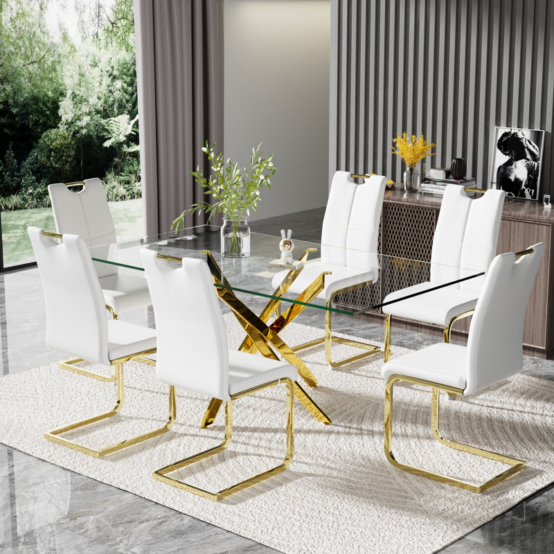 Gracieleigh Glass Top Pedestal Dining Set, Gold, White/Gold, 7