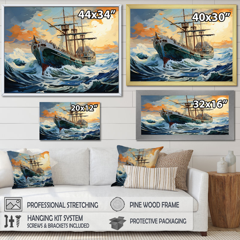 The Pirate Boat Odyssey's Voyage II - Classics, art mural, H 30 po x l 40 po x P 1,5 po, Cadre doré à coins fermés