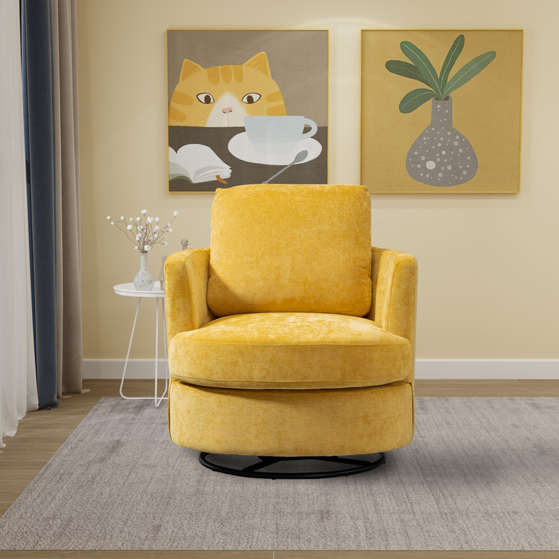 32"W Slipcovered Upholstered Swivel Barrel Chair, Mustard Chenille