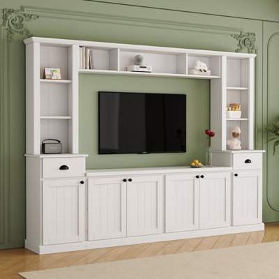 White Entertainment Wall Unit with Adjustable Overhead Bridge, Adjustable Shelves For Living Room