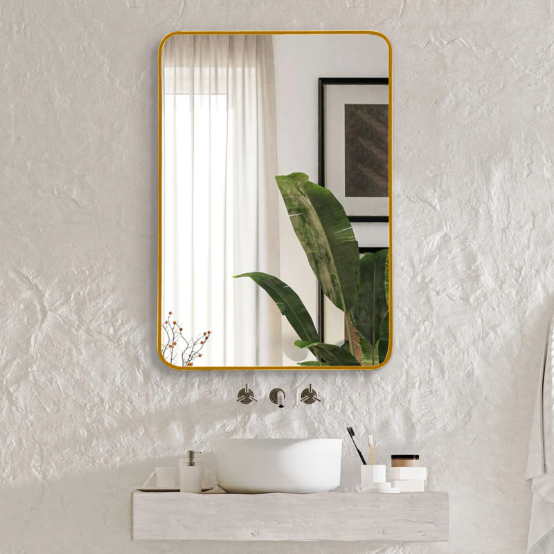 Miroir mural doré de 22 po x 30 po pour décoration de salle de bain - verre de 4 mm de hauteur, cadre principal rouille et remplissage en aluminium
