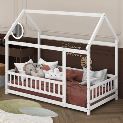 Floor Bed Frame With Roof, Wooden Montessori Bed With Fence, House Bed For Bedroom by Ophelia & Co.