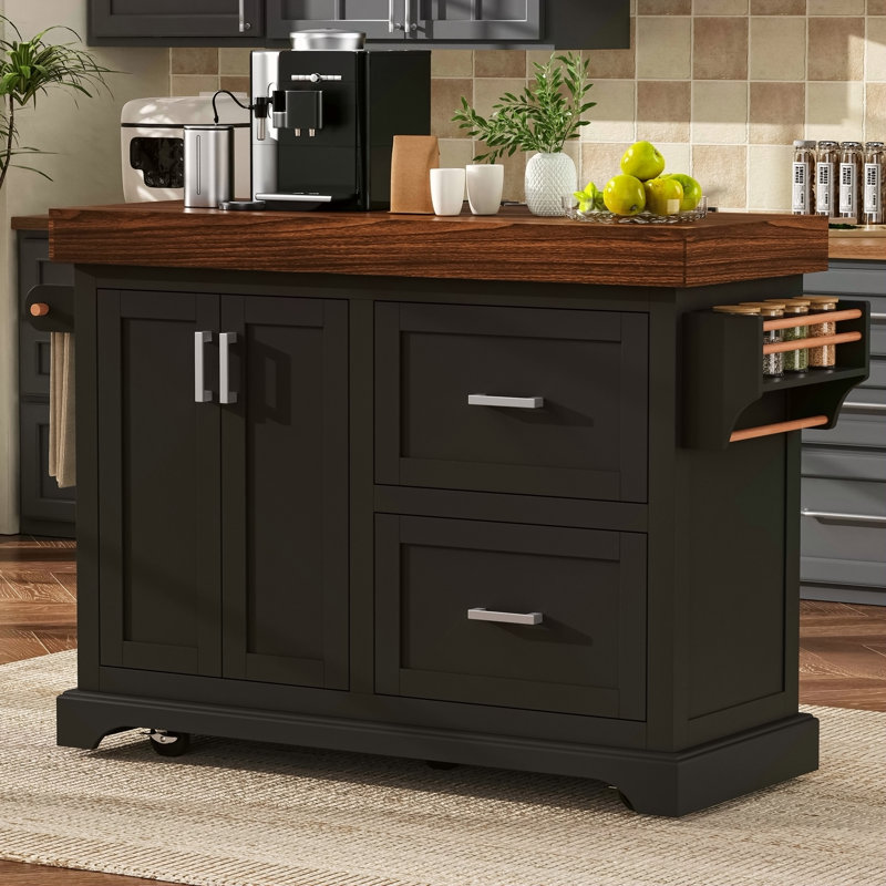Grand îlot de cuisine de 53 po avec bureau de 3,5 po d'épaisseur, supports à épices et à serviettes, îlot de cuisine roulant avec rangement sur 5 roulettes, 2 très grands tiroirs, pour la maison, la cuisine, la salle à manger
