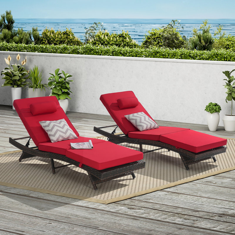 Outdoor Wicker Long Reclining  Lounge Chair Set of 2, Red