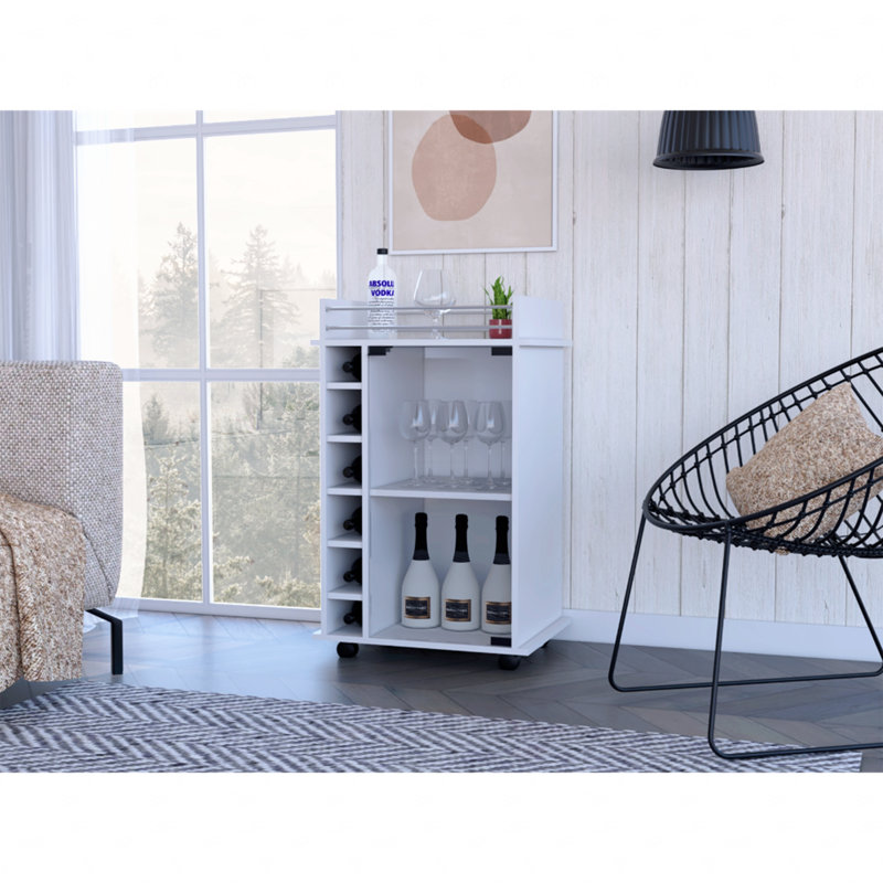 Chariot-bar, porte en verre, quatre roulettes, deux tablettes, Blanc