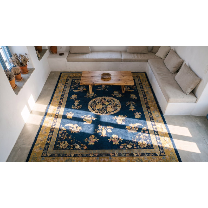 Antique Art Deco Chinese Floral, Medallion Blue Navy, Ivory Beige Cream White 1920s Rug