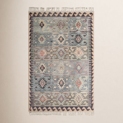 Blue Brown Beige Hand-Knotted Wool Rug