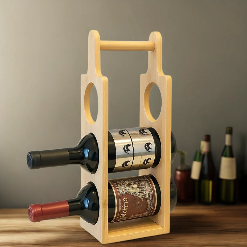 Support à vin pré-assemblé en bambou pour 3 bouteilles - Comptoir compact ou présentoir de bar au design moderne et naturel