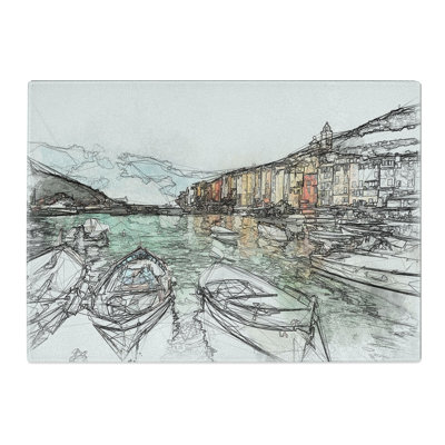 Tempered Glass Docked Boats in Portovenere Italy Sketch Chopping Board