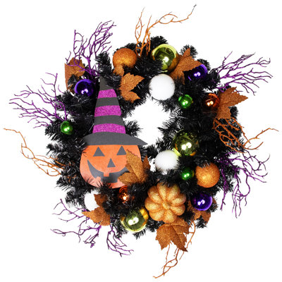 Jack-O-Lantern dans un chapeau de sorcière, couronne de pin d'Halloween, 24 pouces
