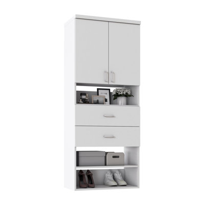 Tranquil White 31.5" Wall-Mounted Closet Section with Slab Doors, 6 Shelves & 2 Slab Drawers