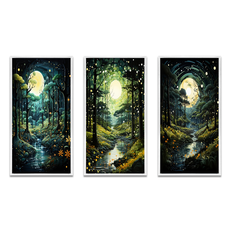«Forest Enchanted Forest Pointillism», 3 pièces sur toile, H 40 po x l 60 po, Cadre blanc