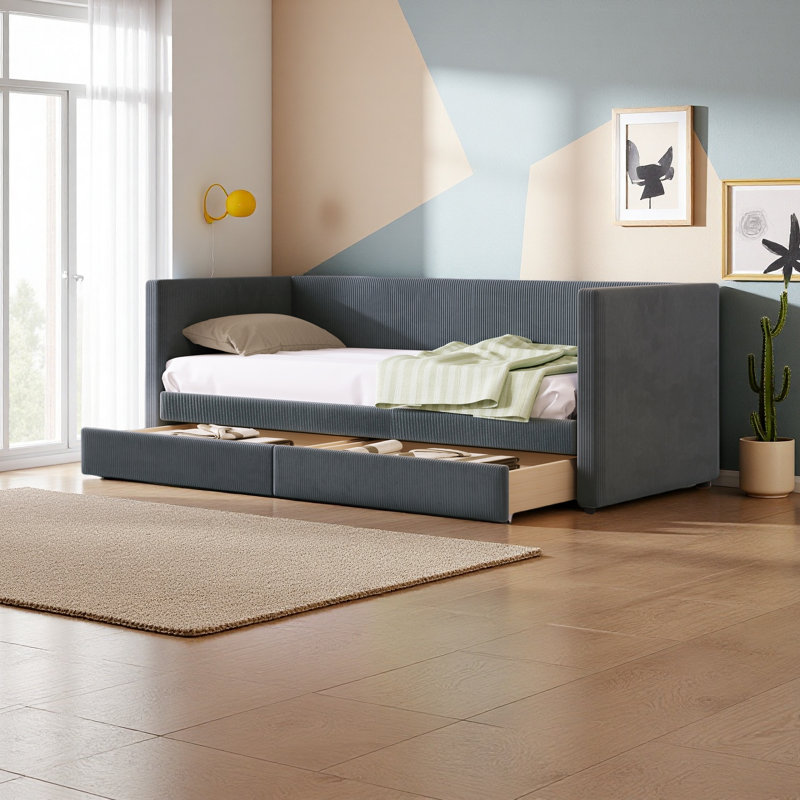 Twin Size Corduroy Daybed With Two Drawers And Wood Slat, Gray
