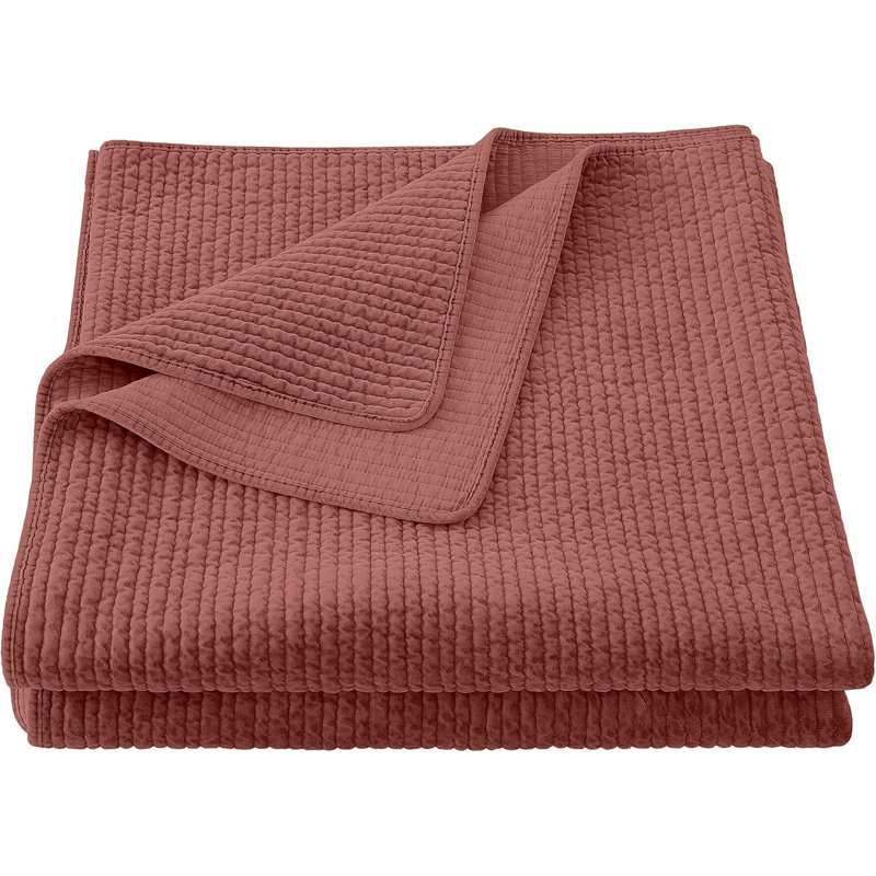 Stonewashed Cotton Velvet Modern Rustic Quilt Set, Salmon, Twin Quilt + 1 Standard Sham