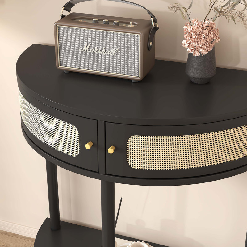 Half Moon Design End Table With Sliding Rattan Door,Elegant Semi-Circle Entryway Console Table