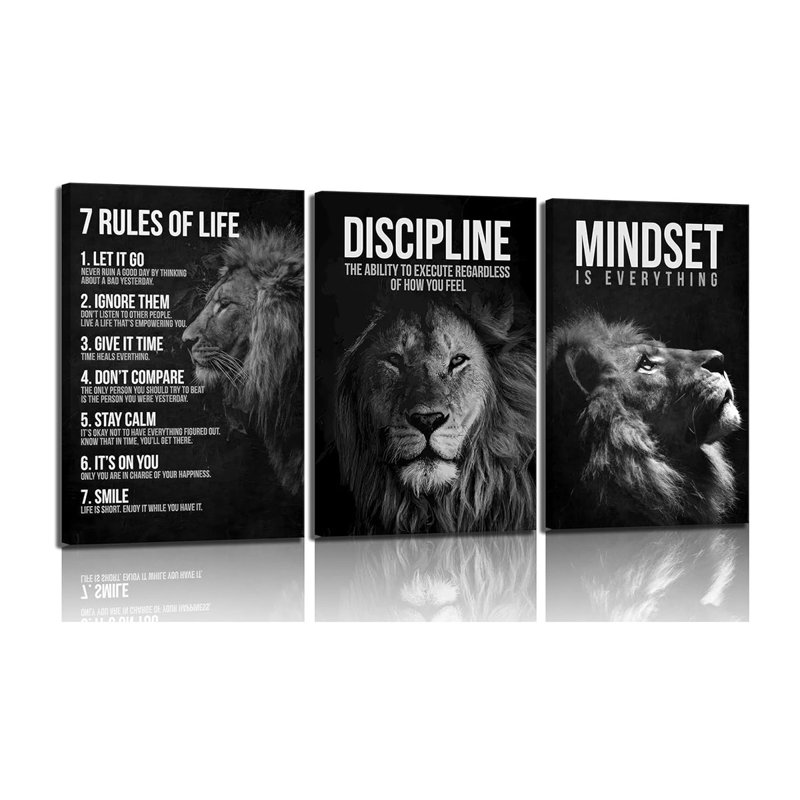 3 Pcs Framed Lion Inspirational Quotes Canvas Wall Art 7 Rules Of Life Poster Wall Decor Pictures Office Inspiration Poster Prints For Home Office Gym Study Workplace Decoration