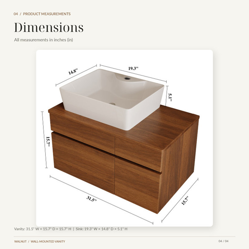Meuble-lavabo mural simple 31,5 po avec lavabo intégré et porte à fermeture en douceur, moderne pour les petits espaces, Brun