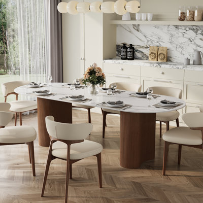 78" Luxury Faux Marble 6-8 People Oval Dining Table, Double Roman Column Brown Legs Modern Minimalist Kitchen Table for Living Room Dining Room