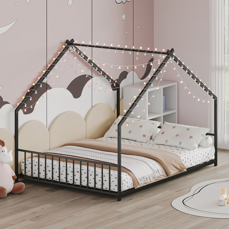 Children's Bed Frame with LED Light Strips, Black, Full / Double