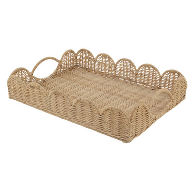 Plateau de service festonné en rotin avec poignées - Plateau décoratif en osier naturel tissé à la main pour table basse, repose-pieds, cuisine et divertissement, 16 po x 12 po x 3 po