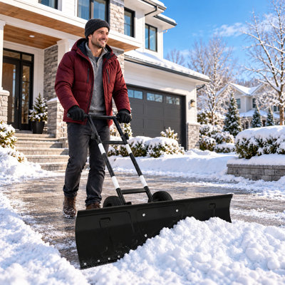 Edrosie Inc 36" Heavy Duty Snow Pusher with Wheels, 7-Position Adjustable Blade, Dual Handles, Pneumatic Rubber Tires Rolling Snow Plow for Driveway and Sidewalk Snow Removal