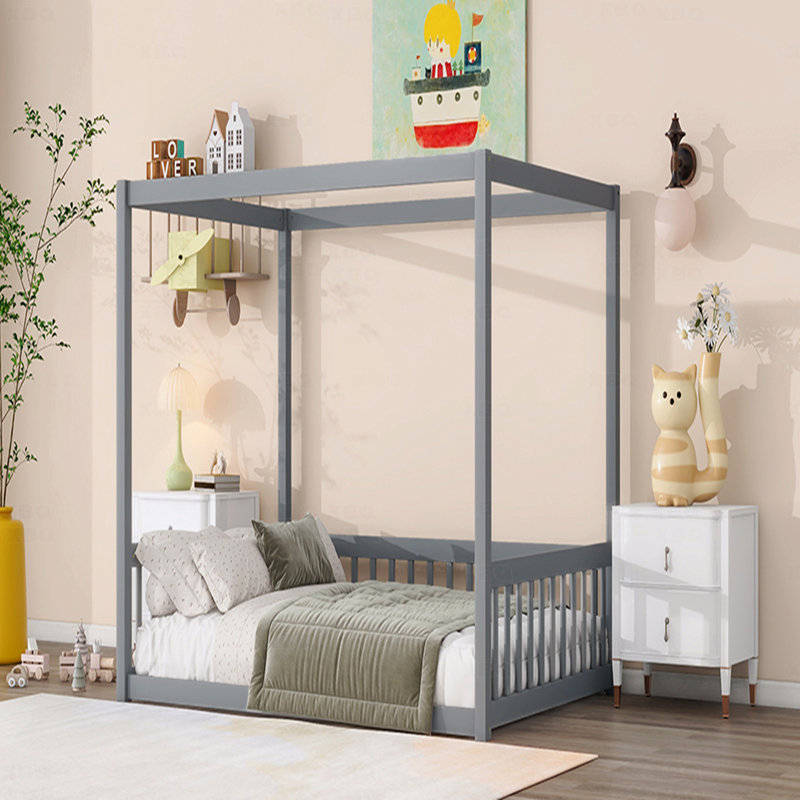 Lit en bois d'hévéa pour lit double avec clôture et garde-corps, Gris