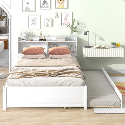 Full Size Bed with Trundle and Bookcase Headboard