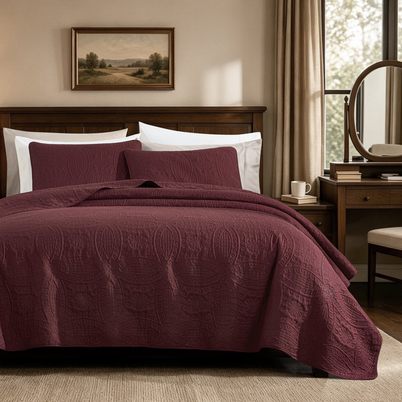 Austin Microfiber Reversible 3-Piece Coverlet / Bedspread Set, King Coverlet / Bedspread + 2 King Shams, Burgundy