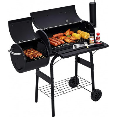 Barbecue au charbon avec fumoir décalé, barbecue en baril avec roulettes pour le camping en terrasse
