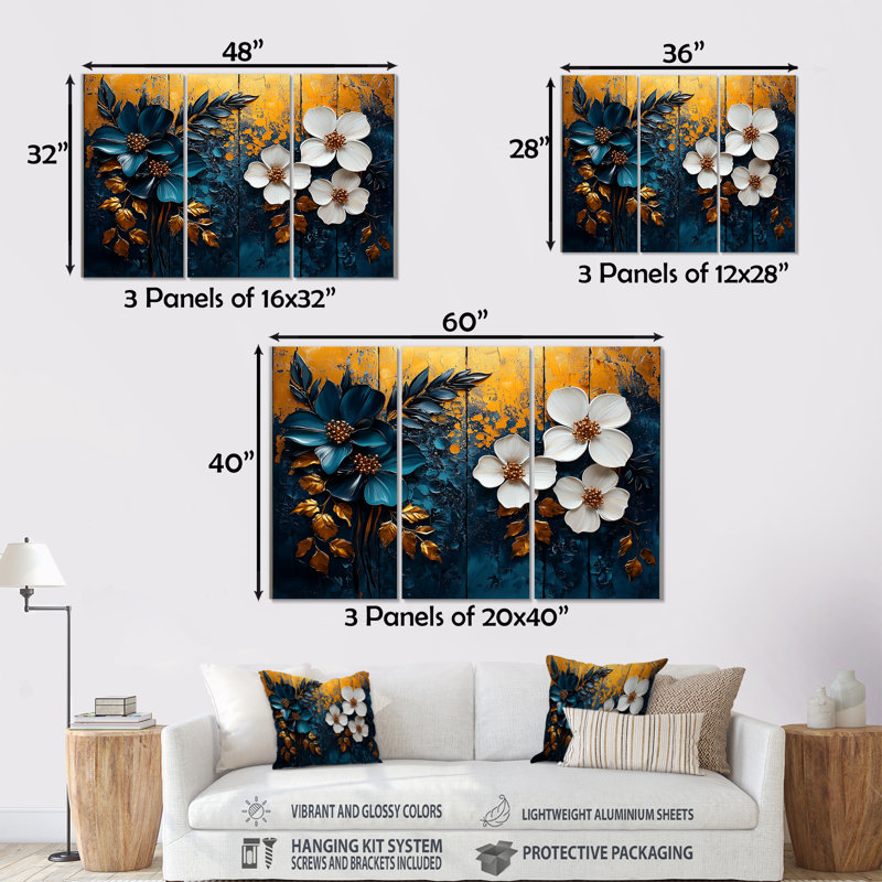 «Blue Polnesian Paradise Poppies Tiles II - Boho Tiles», ensemble de reproduction d'art mural, Métal métal