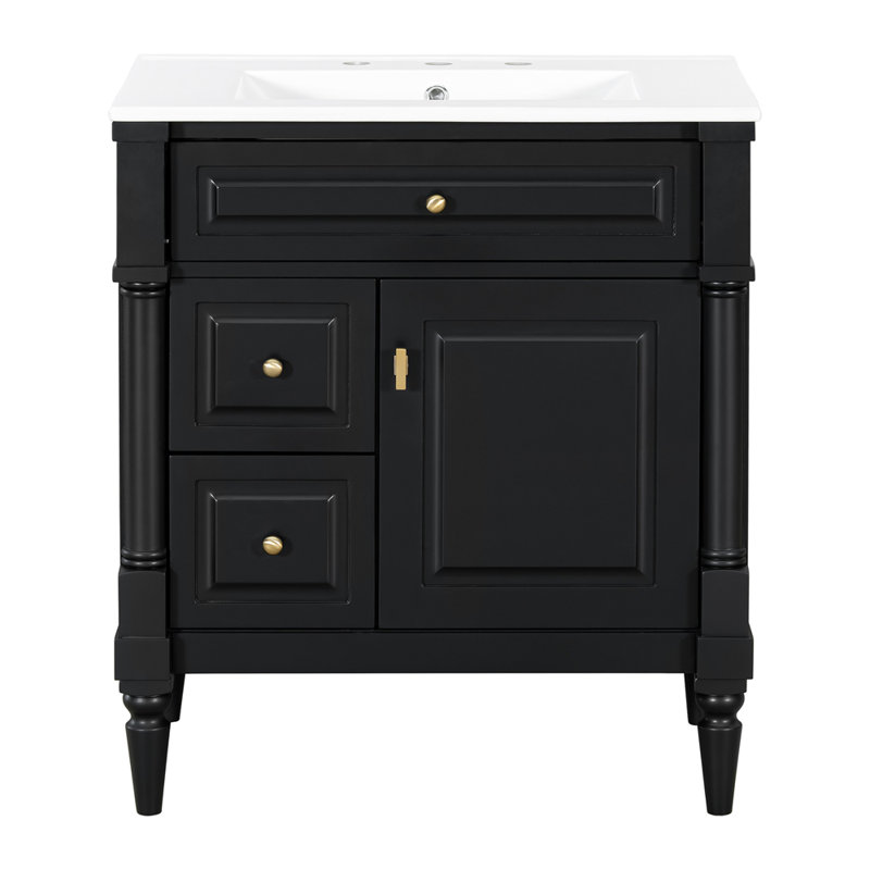 Meuble-lavabo de 30 po avec lavabo, armoire de salle de bain autoportante avec tiroir rabattable et tablette réglable, structure en bois d'hévéa massif, panneaux de fibres à densité moyenne et poignées en métal